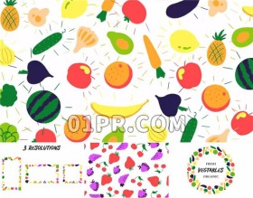 Pr手绘水果素材模板 西瓜香蕉葡萄草莓蔬菜动画标题图标边框 Pr素