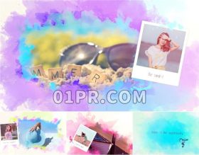 Pr水彩双图相册模板 夏日水墨彩墨晕染炫光照片拼贴20图90秒 Pr模