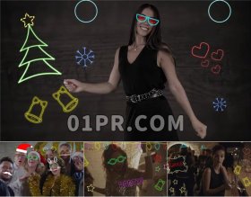 Pr图形预设 圣诞节日派对面具霓虹辉光动画元素 Pr素材包