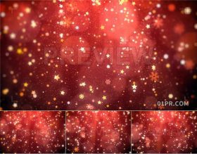 视频素材4K 红色圣诞节背景金色星星雪花粒子下落循环背景