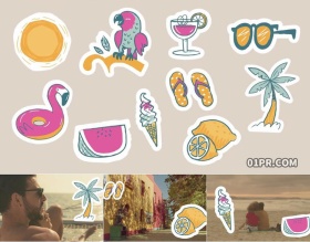 PR模板4K 10组手绘动画卡通夏季旅行假日贴纸元素